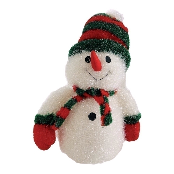 Tall Snowman Glossy Knitted White Green Red Snowman Plush Figurine Xmas Decor - Picture 3 of 4